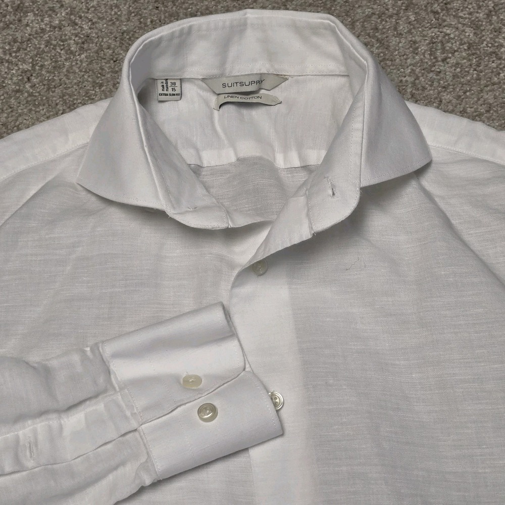 Suitsupply Mens 38/15 Extra Slim Fit White Linen Cotton Dress Shirt Tessitura